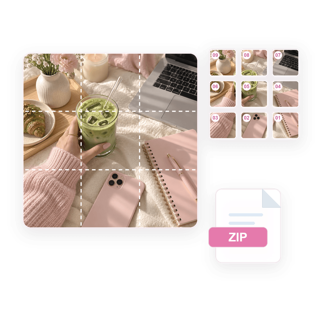 Matcha lifestyle photo split into numbered Instagram tiles and a ZIP download.