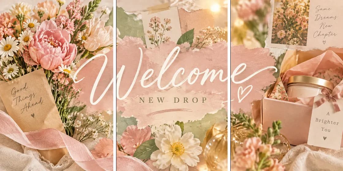 Instagram banner example for a new product drop with soft floral collage, welcome lettering, and boutique packaging.