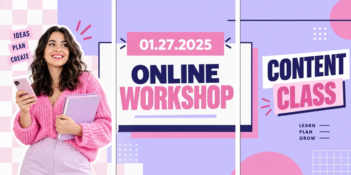 Instagram banner example for an online workshop with pastel pink graphics, a creator cutout, and content class typography.