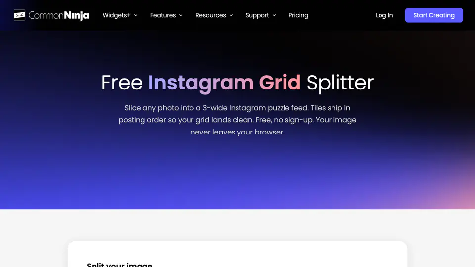 Common Ninja free Instagram grid splitter homepage