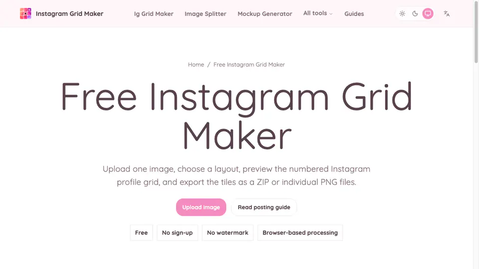 Instagram Grid Maker browser tool with upload controls and grid preview