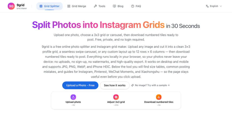 9Grid Instagram image splitter homepage with upload workflow