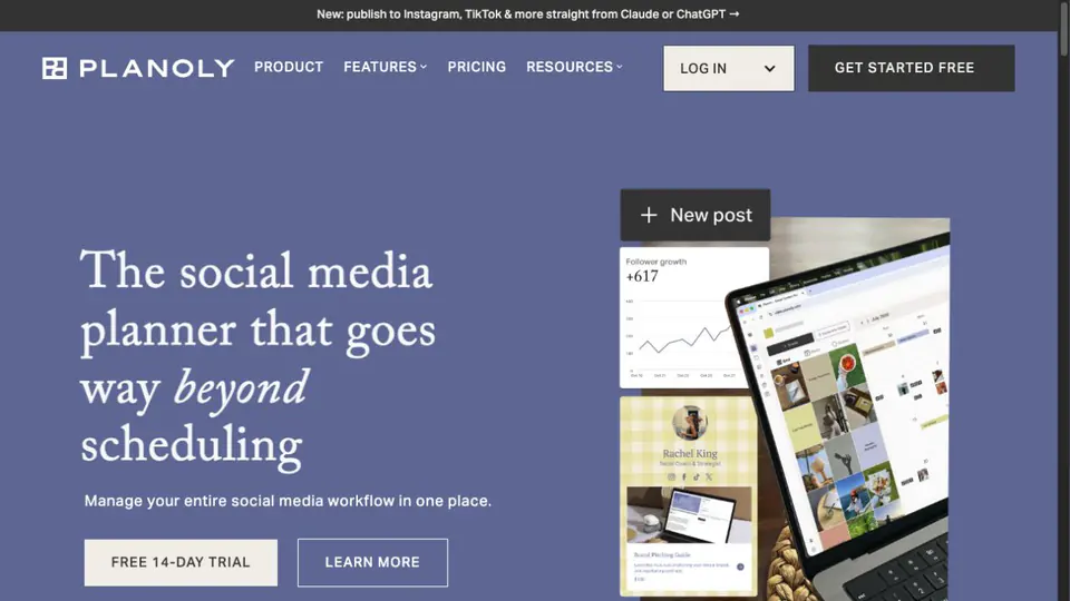 Planoly social media planner homepage showing visual planning and scheduling