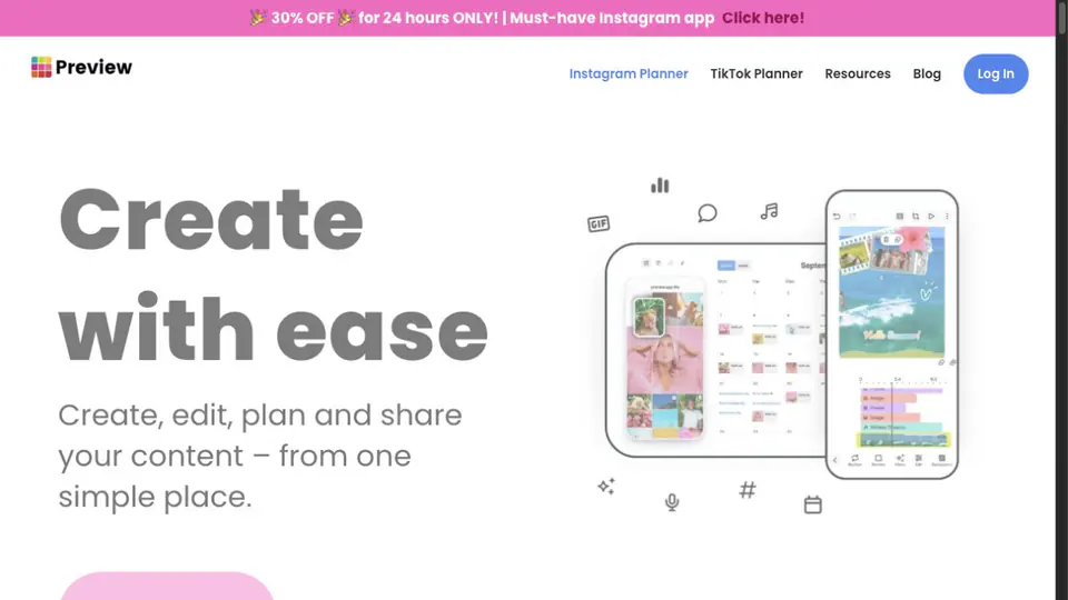 Preview App homepage showing Instagram planner and mobile feed previews