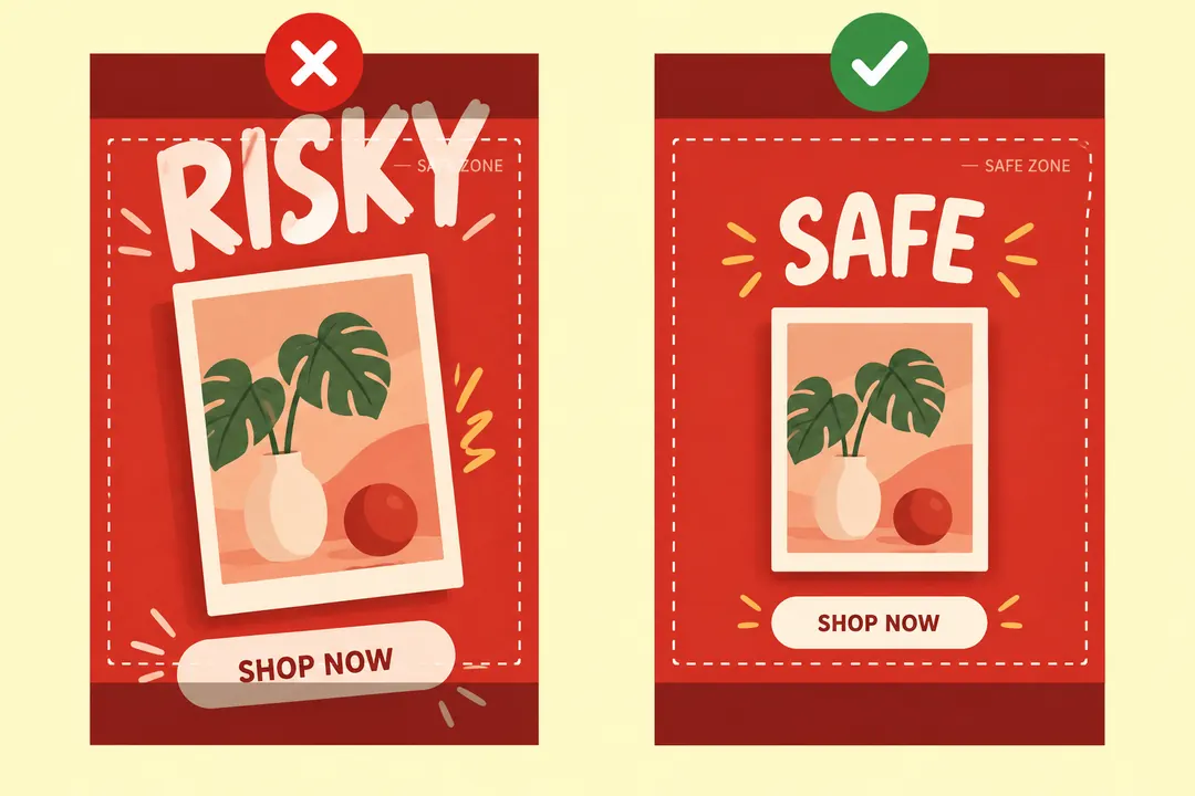 Side-by-side poster mockups comparing risky edge placement with content kept inside the Instagram grid safe zone.